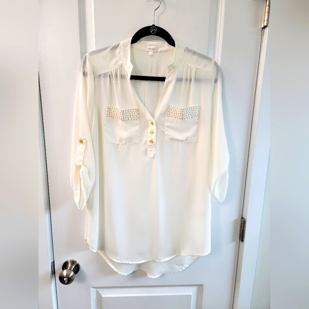 Stella Tweed Roll-Tab Sleeve Popover Blouse